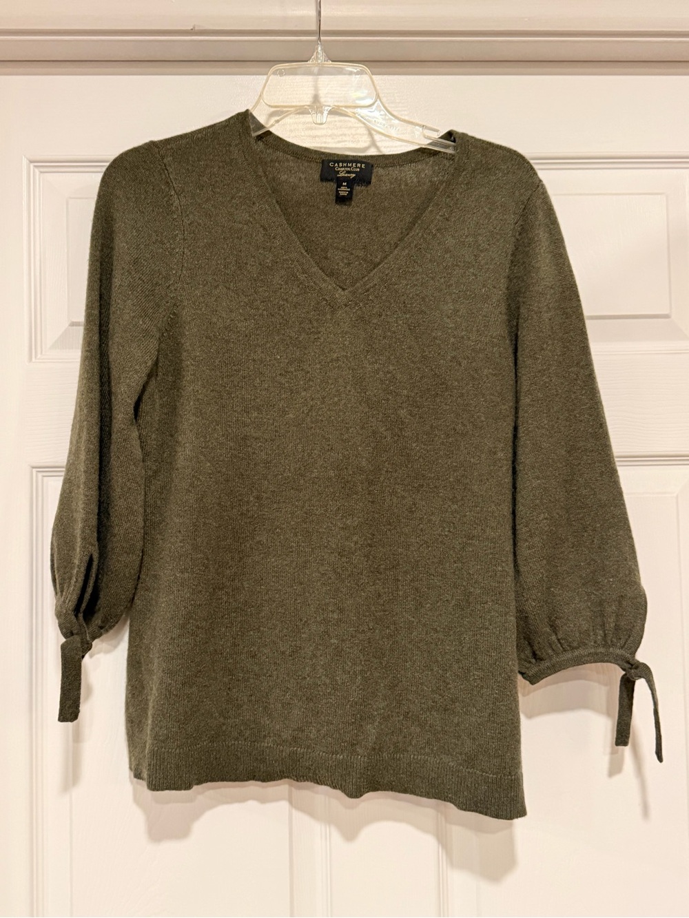 Charter Club Luxury 100% Cashmere Sweater V-Neck Olive Green 3/4 Sleeves-1116